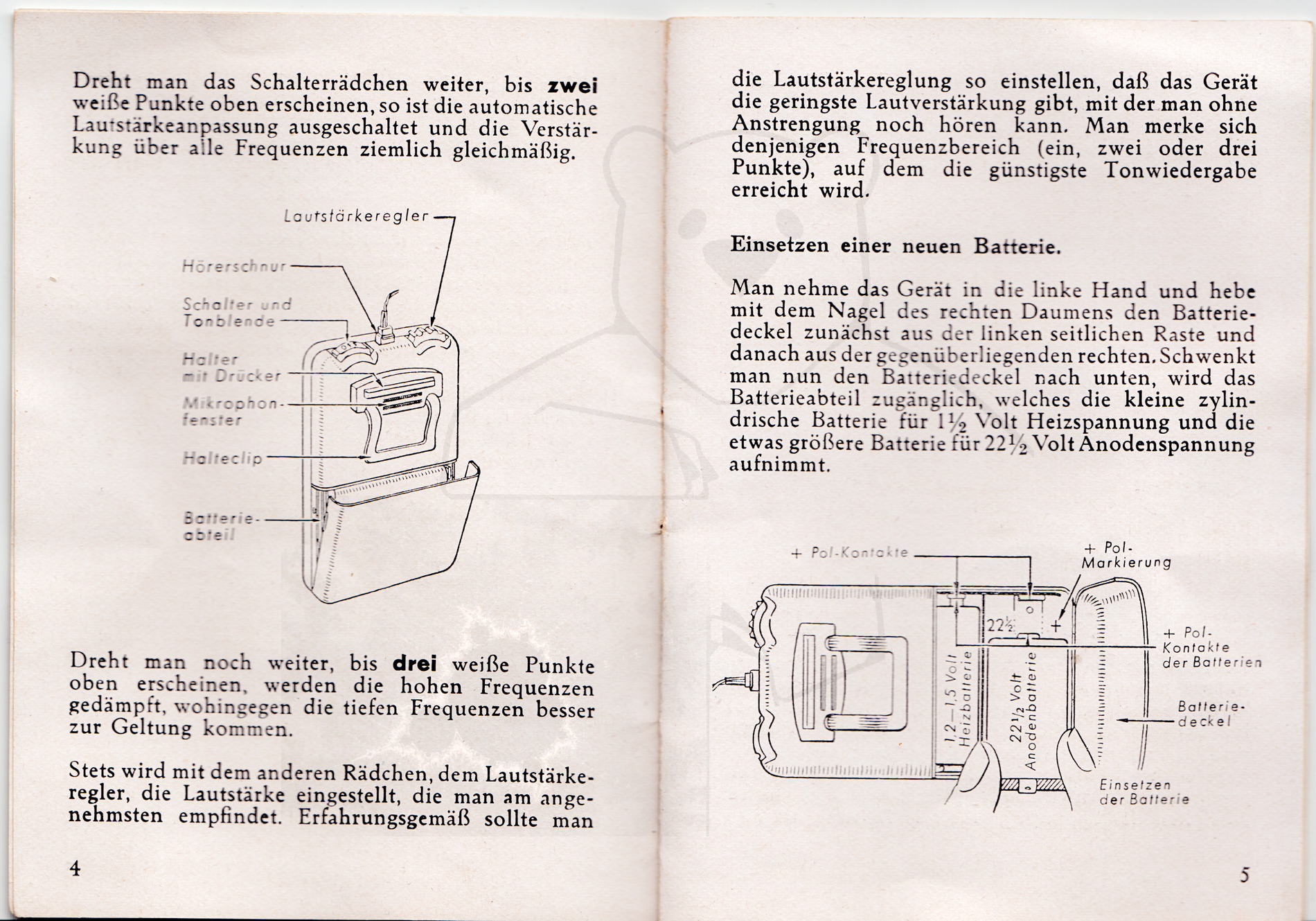 Hörgerät "Fortiphone Type 20", ca. 1949, Anleitung Seite 4 - 5